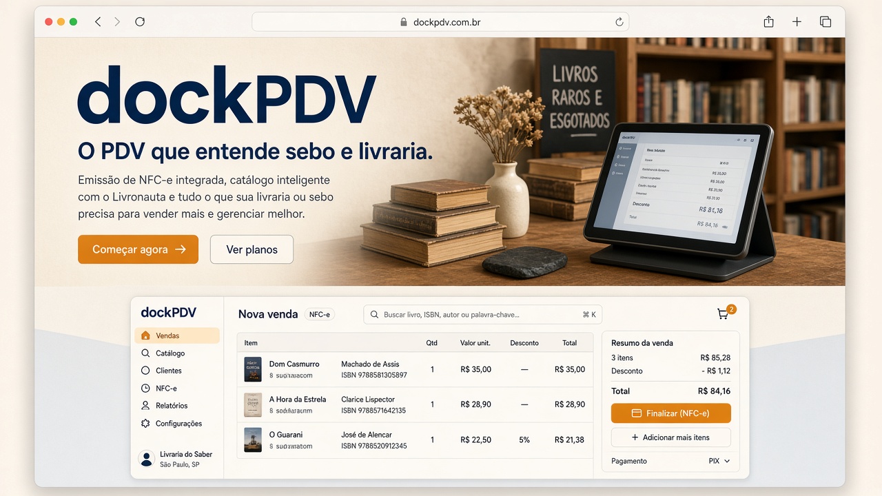 Balcão de livraria com livros e PDV